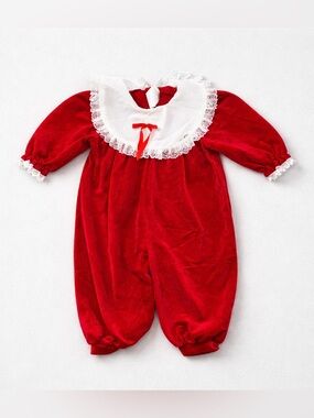Vintage Sears Red Velvet Baby One-Piece with White Lace Collar | Christmas